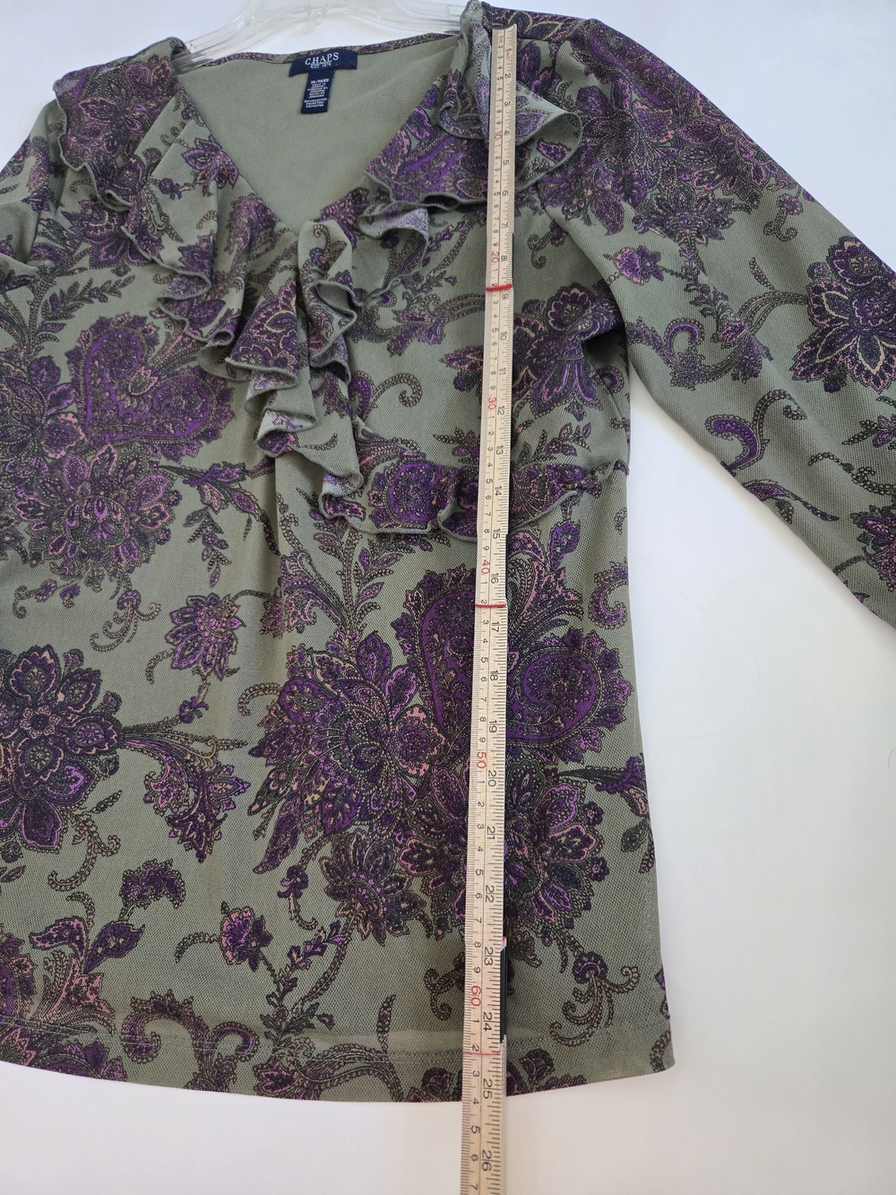 Like New Chaps Women's Olive Green & Purple Floral V-Neck Ruffle Top Women's XL - Picture 8 of 14